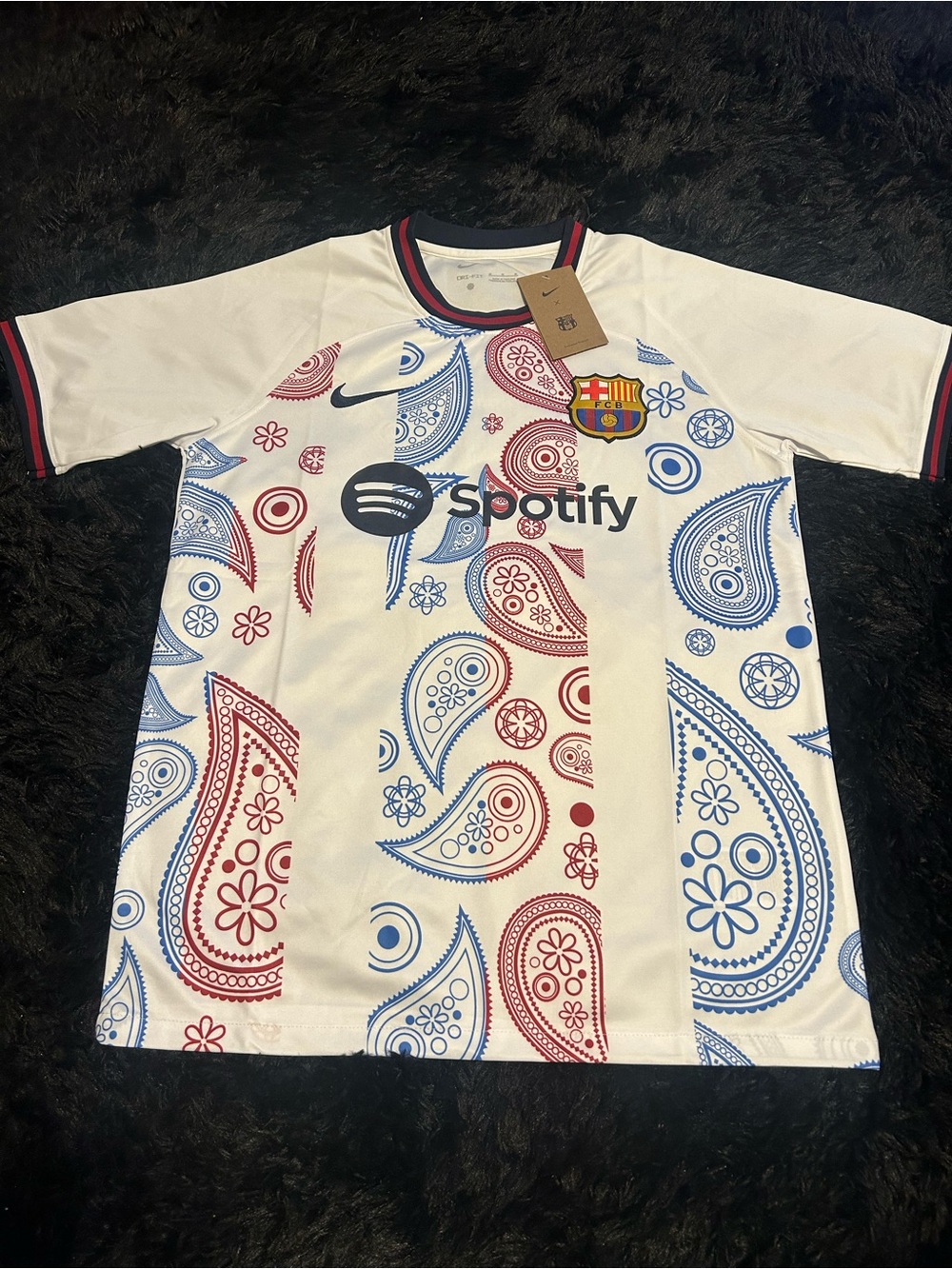 Nike White FC Barcelona Paisley Accent Jersey in Red & Blue